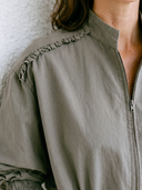 Women Cotton Blend Light Cropped Jacket Stand Collar Full Zip Frill Shoulder Elastic Hem Long Sleeve Casual Fall Outerwear ZMZ2213G1YZH