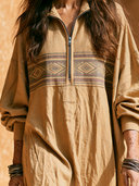 Women Cotton Blend Ethnic Pattern Maxi Dress Stand Collar Half Zip Long Sleeve Loose Resort Kaftan Dress ZMZ2259G0YZH
