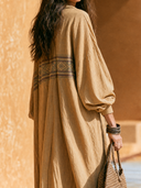 Women Cotton Blend Ethnic Pattern Maxi Dress Stand Collar Half Zip Long Sleeve Loose Resort Kaftan Dress ZMZ2259G0YZH