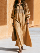 Women Cotton Blend Ethnic Pattern Maxi Dress Stand Collar Half Zip Long Sleeve Loose Resort Kaftan Dress ZMZ2259G0YZH