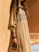 Women Cotton Blend Ethnic Pattern Maxi Dress Stand Collar Half Zip Long Sleeve Loose Resort Kaftan Dress ZMZ2259G0YZH