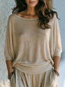 Women Faux Cashmere Knit Blouse Boat Neck Batwing Half Sleeve Loose Lightweight Neutral Casual Knit Top ZMZ2262G0YZH