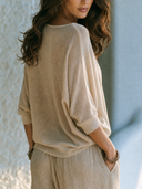 Women Faux Cashmere Knit Blouse Boat Neck Batwing Half Sleeve Loose Lightweight Neutral Casual Knit Top ZMZ2262G0YZH