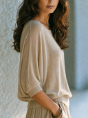 Women Faux Cashmere Knit Blouse Boat Neck Batwing Half Sleeve Loose Lightweight Neutral Casual Knit Top ZMZ2262G0YZH