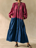 Women's Casual Resort-Style Color-Block Cotton-Linen Round Neck And Lantern Sleeves Maxi Dress ZMZ2357G2ZYY