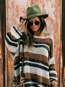 Women's Retro Casual Horizontal-Stripe Knit Boat-Neck Long-Sleeve Loose Mini Dress ZMZ2176G0ZYY
