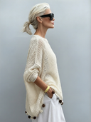 Women's French-style Elegant Openwork Hem And Tassels Long-sleeve Crew-neck Sweater ZMZ2178G1ZYY