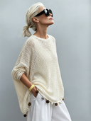 Women's French-style Elegant Openwork Hem And Tassels Long-sleeve Crew-neck Sweater ZMZ2178G1ZYY