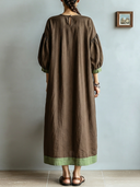 Women's Vintage Casual Cotton-Linen Round Neck And Lantern Sleeves Loose Maxi Dress ZMZ2115G2ZYY