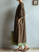 Women's Vintage Casual Cotton-Linen Round Neck And Lantern Sleeves Loose Maxi Dress ZMZ2115G2ZYY