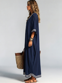 Women's Vintage Casual Cotton-Knit Elbow-Length Sleeves V-Neck Loose Midi Dress ZMZ2158G4ZYY