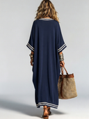 Women's Vintage Casual Cotton-Knit Elbow-Length Sleeves V-Neck Loose Midi Dress ZMZ2158G4ZYY