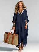 Women's Vintage Casual Cotton-Knit Elbow-Length Sleeves V-Neck Loose Midi Dress ZMZ2158G4ZYY