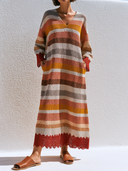 Women Boho Striped Knit Midi Dress V Neck Long Sleeve Lace Scallop Hem Loose Vacation Cover Up Dress ZMZ2262G3YZH
