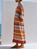 Women Boho Striped Knit Midi Dress V Neck Long Sleeve Lace Scallop Hem Loose Vacation Cover Up Dress ZMZ2262G3YZH