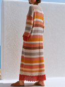 Women Boho Striped Knit Midi Dress V Neck Long Sleeve Lace Scallop Hem Loose Vacation Cover Up Dress ZMZ2262G3YZH