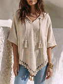 Women Cotton Linen Hooded Tassel Trim Blouse V Neck Batwing Half Sleeve Irregular Hem Boho Vacation Poncho Top ZMZ2228G9YZH
