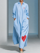 Women's Retro Casual Cotton Shirt With Heart Print Lapel Long Sleeve Loose Maxi Dress ZMZ2361G1ZJY
