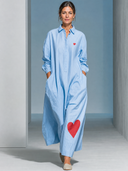 Women's Retro Casual Cotton Shirt With Heart Print Lapel Long Sleeve Loose Maxi Dress ZMZ2361G1ZJY