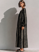 Women's Premium Vintage Cotton-Linen – Round Neck, Lantern Sleeves, Vertical Stripes, Loose Fit Maxi Dress ZMZ2376G5ZYY
