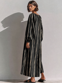 Women's Premium Vintage Cotton-Linen – Round Neck, Lantern Sleeves, Vertical Stripes, Loose Fit Maxi Dress ZMZ2376G5ZYY