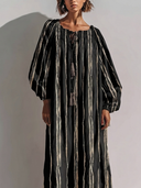 Women's Premium Vintage Cotton-Linen – Round Neck, Lantern Sleeves, Vertical Stripes, Loose Fit Maxi Dress ZMZ2376G5ZYY