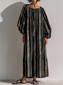 Women's Premium Vintage Cotton-Linen – Round Neck, Lantern Sleeves, Vertical Stripes, Loose Fit Maxi Dress ZMZ2376G5ZYY
