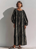 Women's Premium Vintage Cotton-Linen – Round Neck, Lantern Sleeves, Vertical Stripes, Loose Fit Maxi Dress ZMZ2376G5ZYY