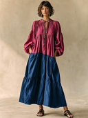 Women's Casual Resort-Style Color-Block Cotton-Linen Round Neck And Lantern Sleeves Maxi Dress ZMZ2357G2ZYY