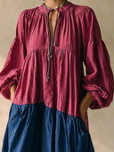 Women's Casual Resort-Style Color-Block Cotton-Linen Round Neck And Lantern Sleeves Maxi Dress ZMZ2357G2ZYY