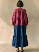 Women's Casual Resort-Style Color-Block Cotton-Linen Round Neck And Lantern Sleeves Maxi Dress ZMZ2357G2ZYY