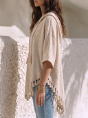 Women Cotton Linen Hooded Tassel Trim Blouse V Neck Batwing Half Sleeve Irregular Hem Boho Vacation Poncho Top ZMZ2228G9YZH