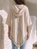 Women Cotton Linen Hooded Tassel Trim Blouse V Neck Batwing Half Sleeve Irregular Hem Boho Vacation Poncho Top ZMZ2228G9YZH