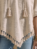 Women Cotton Linen Hooded Tassel Trim Blouse V Neck Batwing Half Sleeve Irregular Hem Boho Vacation Poncho Top ZMZ2228G9YZH
