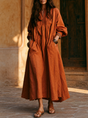 Women Premium Cotton Linen Half Zip Stand Collar Maxi Dress Long Sleeve Side Pocket Loose Vacation Dress ZMZ2235G1YZH