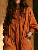 Women Premium Cotton Linen Half Zip Stand Collar Maxi Dress Long Sleeve Side Pocket Loose Vacation Dress ZMZ2235G1YZH