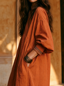 Women Premium Cotton Linen Half Zip Stand Collar Maxi Dress Long Sleeve Side Pocket Loose Vacation Dress ZMZ2235G1YZH