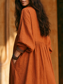 Women Premium Cotton Linen Half Zip Stand Collar Maxi Dress Long Sleeve Side Pocket Loose Vacation Dress ZMZ2235G1YZH
