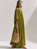 Women's Casual Resort-Style Tencel-Cotton-Linen Blend Loose V-Neck Midi Dress ZMZ2156G3ZYY