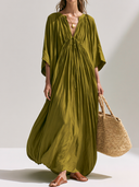 Women's Casual Resort-Style Tencel-Cotton-Linen Blend Loose V-Neck Midi Dress ZMZ2156G3ZYY