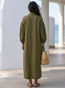 Women Premium Cotton Linen Maxi Dress Stand Collar Double End Full Zip Lantern Sleeve Side Pocket Loose Casual Kaftan ZMZ2280G8YZH