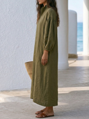 Women Premium Cotton Linen Maxi Dress Stand Collar Double End Full Zip Lantern Sleeve Side Pocket Loose Casual Kaftan ZMZ2280G8YZH