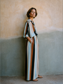 Women's Stylish Color-Block Striped Cotton Long-Sleeve V-Neck Top And Wide-Leg Pants Two-Piece Set ZMZ2372G4SWL
