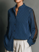 Women's Premium Vintage-Style Ribbed Knit & Mesh Panel Stand Collar Long-Sleeve Shirt ZMZ2286G7ZYY