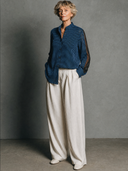 Women's Premium Vintage-Style Ribbed Knit & Mesh Panel Stand Collar Long-Sleeve Shirt ZMZ2286G7ZYY