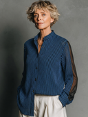 Women's Premium Vintage-Style Ribbed Knit & Mesh Panel Stand Collar Long-Sleeve Shirt ZMZ2286G7ZYY