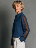 Women's Premium Vintage-Style Ribbed Knit & Mesh Panel Stand Collar Long-Sleeve Shirt ZMZ2286G7ZYY