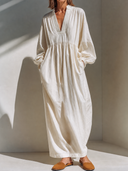 Women's Retro Casual Cotton Solid Color V-Neck Long Sleeve Maxi Dress ZMZ2383G1ZJY