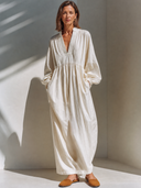 Women's Retro Casual Cotton Solid Color V-Neck Long Sleeve Maxi Dress ZMZ2383G1ZJY