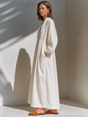 Women's Retro Casual Cotton Solid Color V-Neck Long Sleeve Maxi Dress ZMZ2383G1ZJY